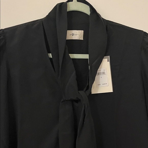 7 For All Mankind Silk Tie Neck Blouse In Black - Picture 3 of 7